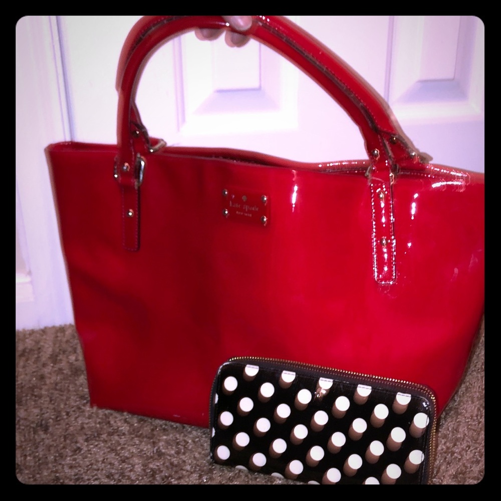 Kate spade red  purse black/white polkadot wallet